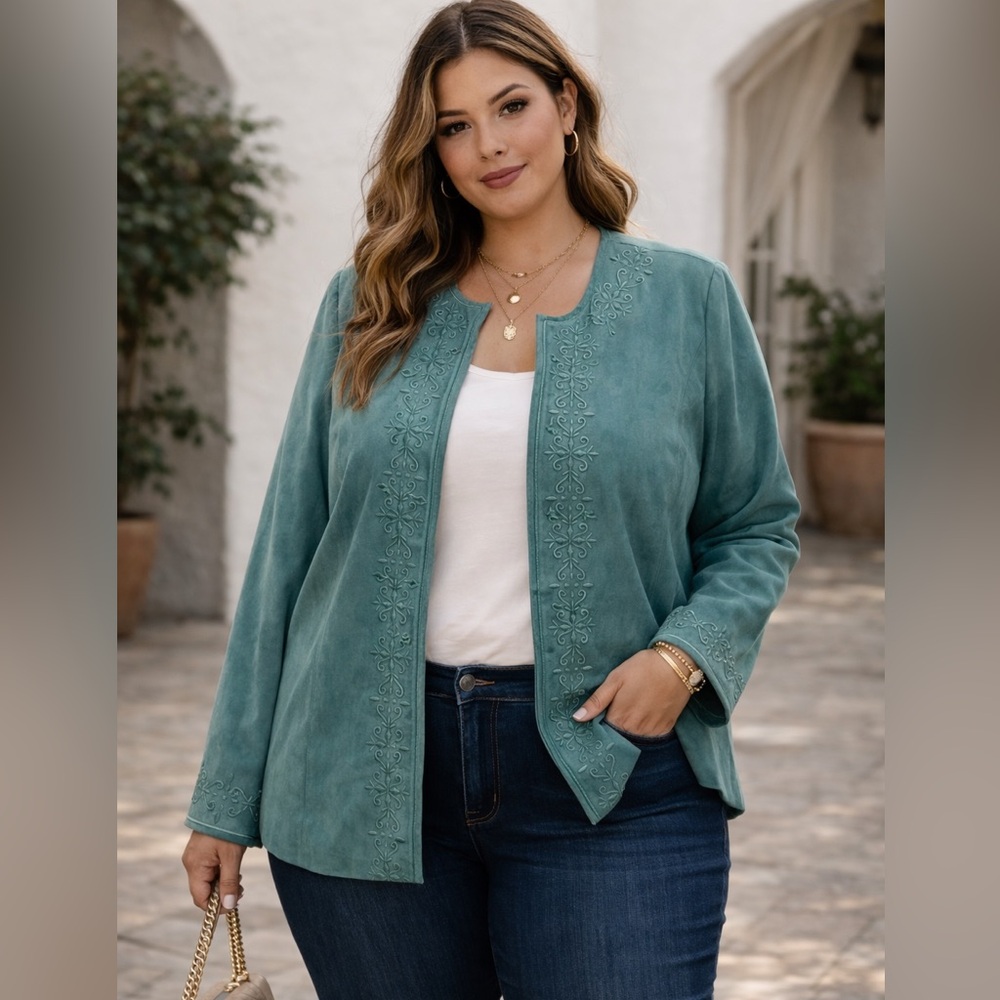 Dress Barn Embroidered Teal Ultrasuede Women's Jacket